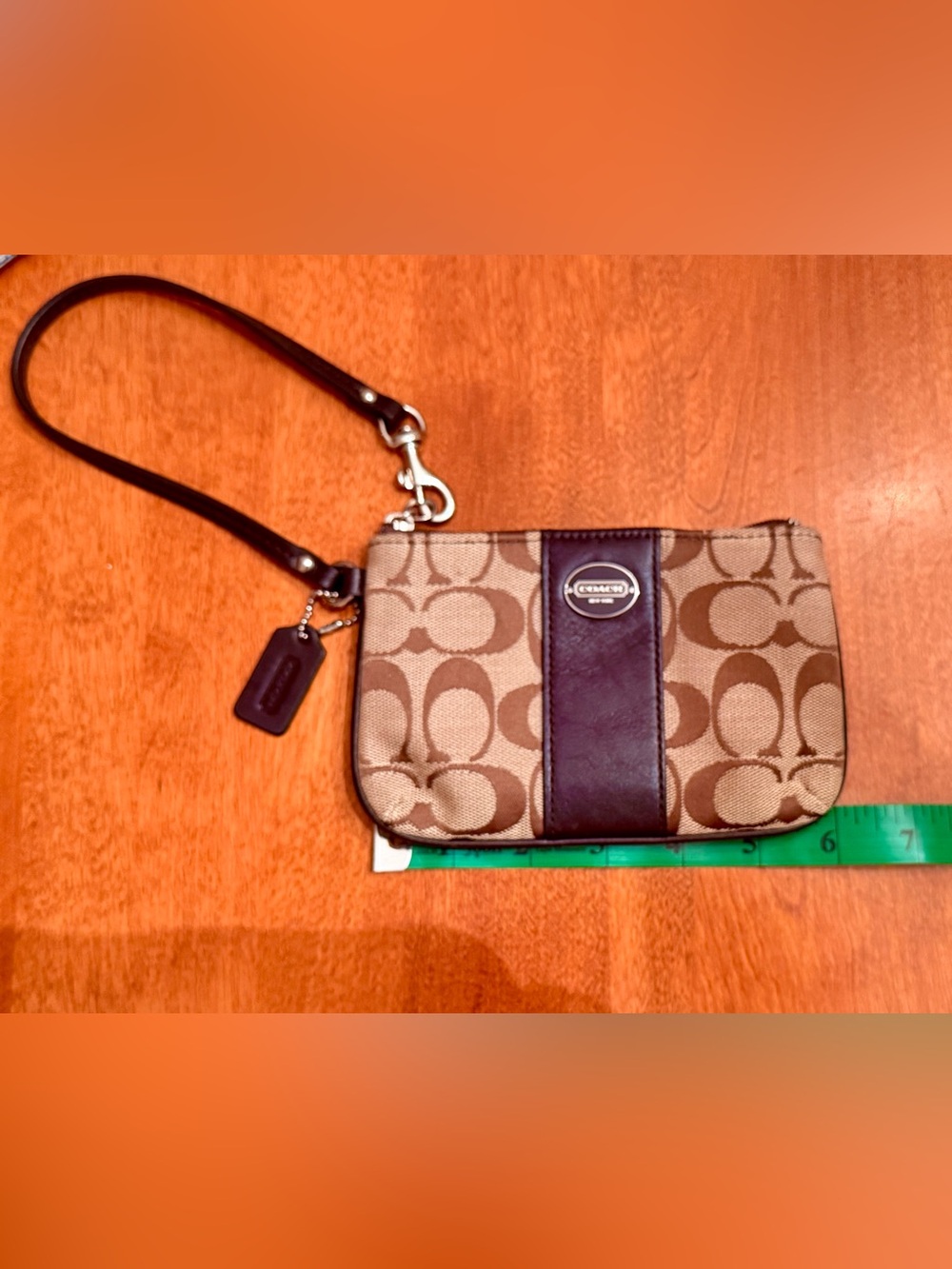 Coach Brown Signature Canvas Wristlet with Dark Brown Leather Trim
